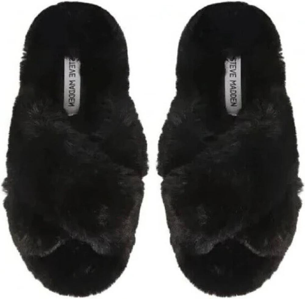 Steve Madden Black Criss Cross Black Furry Slippers Womens Size 5-6 NEW
